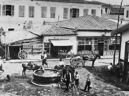 Ποτίστρα ζώων στη σημερινή συμβολή Λαγκαδά με Ειρήνης 1903 Ποτίστρα ζώων στην Ειρήνης Λαγκαδάς